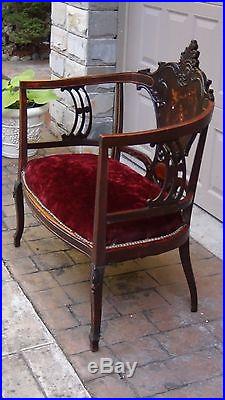 Antique French Louis XV Walnut Carved, Burgundy Velvet&inlaid Mop Back, Settee