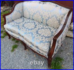 Antique French Loveseat With Immaculate Blue Brocade Upholstery, Down Cushion