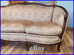 Antique French Provincial Pink Sattee Satin Sofa Ornate Carved Wood Victorian