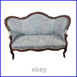 Antique French Settee Blue Damask Floral Patterns Wood Furniture Late 19th C