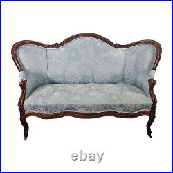 Antique French Settee Blue Damask Floral Patterns Wood Furniture Late 19th C