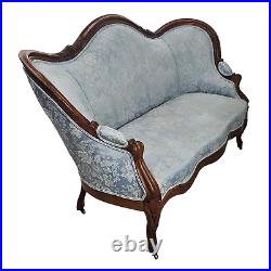 Antique French Settee Blue Damask Floral Patterns Wood Furniture Late 19th C