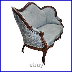 Antique French Settee Blue Damask Floral Patterns Wood Furniture Late 19th C