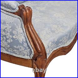 Antique French Settee Blue Damask Floral Patterns Wood Furniture Late 19th C