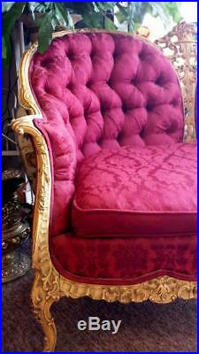 Antique French style Settee Loveseat 1930s era wood carved frame Tufted 4' wide