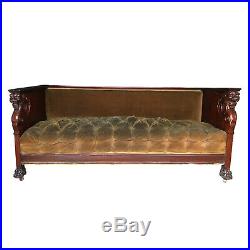 Antique Gothic Victorian Carved Mahogany Tufted Settee Sofa with Winged Griffins