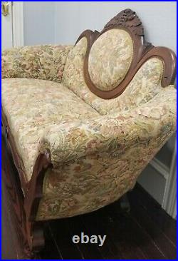 Antique Hand Carved Wood & Recently Upholstered Victorian Sofa