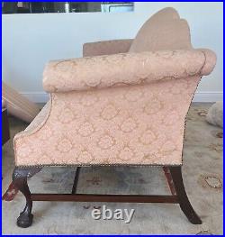 Antique Irish Mahogany Chippendale Double Camelback Sofa Settee, Pink Damask