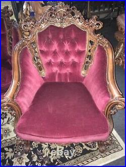 Antique Italian Victorian French Sofa & Chairs Ornate Carved Wine Baroque Red