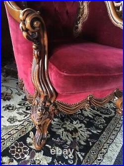 Antique Italian Victorian French Sofa & Chairs Ornate Carved Wine Baroque Red