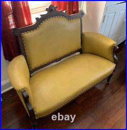 Antique Leather Loveseat Yellow Leather, Wood Trim