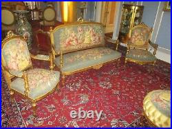 Antique Louis XVI 3 Pc French Salon Parlor Set Sofa & 2 Chairs Scenic Tapestry