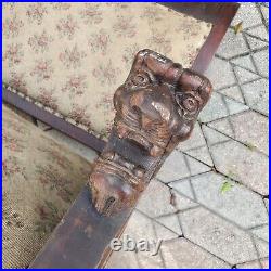 Antique Love Seat Sofa Carved Gargoyle Lion Faces On Arms Heavy Solid Wood