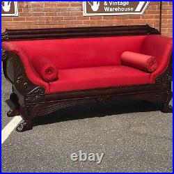 Antique Mahogany 3 Seater Sofa With Curved Ends And Lions Paw Feet. Stunning