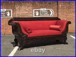 Antique Mahogany 3 Seater Sofa With Curved Ends And Lions Paw Feet. Stunning