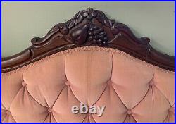 Antique Mid 1800s Pink Blush Velvet Tufted Settee With Mahogany Wood