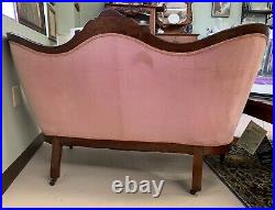 Antique Mid 1800s Pink Blush Velvet Tufted Settee With Mahogany Wood