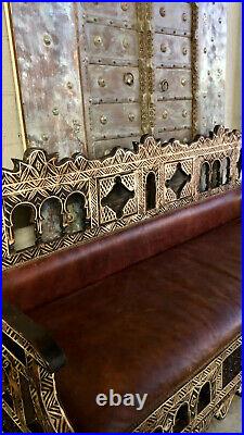 Antique Moorish Sofa, Bench, Craved Wood Leather Sofa Red Beautiful Carved