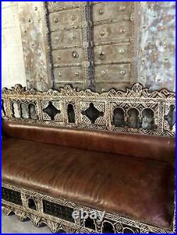Antique Moorish Sofa, Bench, Craved Wood Leather Sofa Red Beautiful Carved