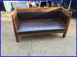 Antique OAK & LEATHER Mission Stickley Style Sofa Couch Settle Bench ORIGINAL