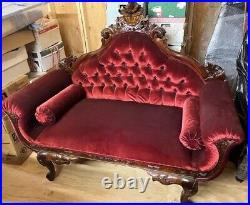 Antique Original Victorian Red Velvet Mahogany Sofa