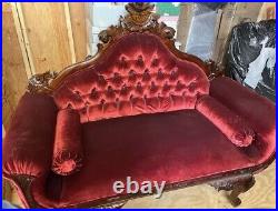 Antique Original Victorian Red Velvet Mahogany Sofa