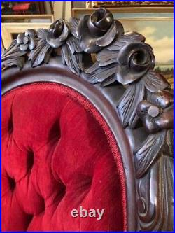 Antique Original Victorian Red Velvet Tufted Sofa Exquisitely Carved Roses