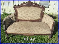 Antique Ornate Victorian Walnut Love Seat And Matching Arm Chair