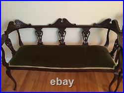 Antique Ornately Carved Settee Upholstered Bench with Matching Chairs