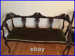 Antique Ornately Carved Settee Upholstered Bench with Matching Chairs