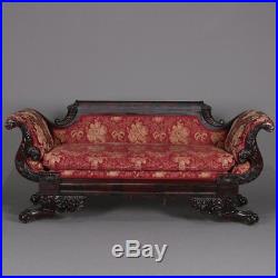 Antique Pair First Period American Empire Carved Flame Mahogany Sofas, NY