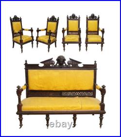 Antique Parlor Set, Five Pc. Victorian, Figural, Carved & Upholstered, 1800s