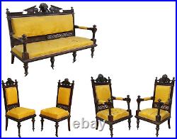 Antique Parlor Set, Five Pc. Victorian, Figural, Carved & Upholstered, 1800s