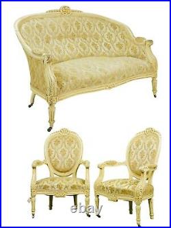 Antique Parlor Set, Sofa, Armchairs, (2) Settee French Painted Upholstered