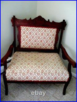 Antique Parlor Settee Loveseat Carved Tapestry Textured Roses