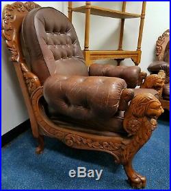 Antique RJ Horner oak leather couch and chair sofa set carved griffins vintage