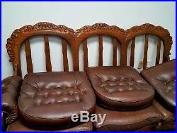 Antique RJ Horner oak leather couch and chair sofa set carved griffins vintage