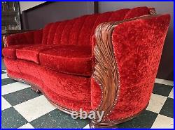 Antique Red Velvet Curved Hand Carved Sofa Couch