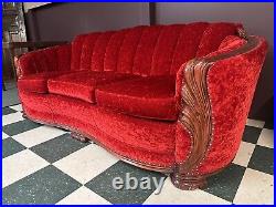 Antique Red Velvet Curved Hand Carved Sofa Couch