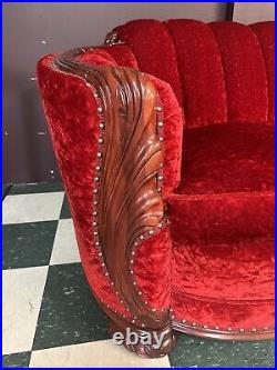 Antique Red Velvet Curved Hand Carved Sofa Couch