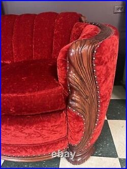 Antique Red Velvet Curved Hand Carved Sofa Couch