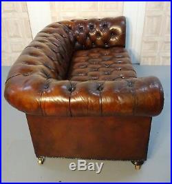 Antique Restored Brown Leather Chesterfield Sofa Fully Coil Sprung Frame