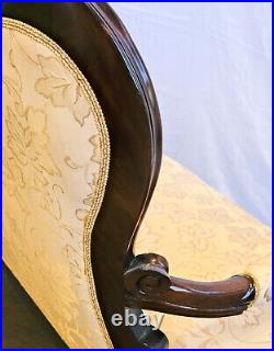 Antique Restored Victorian Sofa Dark Wood/Yellow-Gold Fabric 70 Wide