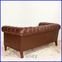 Antique Set of Brown Vintage Leather Chesterfield Sofa and Pair of Club Chairs