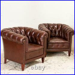 Antique Set of Brown Vintage Leather Chesterfield Sofa and Pair of Club Chairs