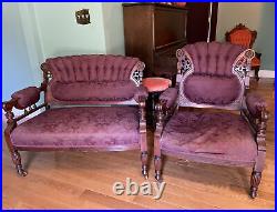 Antique Settee and Chair Set Carved Wood tufted back Sofa Couch Loveseat