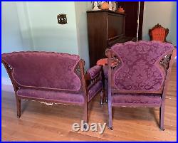 Antique Settee and Chair Set Carved Wood tufted back Sofa Couch Loveseat
