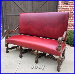 Antique Sofa Bench Settee Loveseat Ox Blood Red Upholstery Oak Rustic Farmhouse