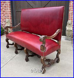 Antique Sofa Bench Settee Loveseat Ox Blood Red Upholstery Oak Rustic Farmhouse