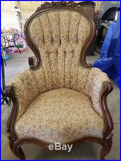 Antique Sofa & Chair. Floral Print. Minor On Wood Trim Due To History